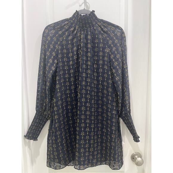 Amanda Uprichard Noemi Navy Gold Sheath High Neck Dress Sz XS - Picture 2 of 9